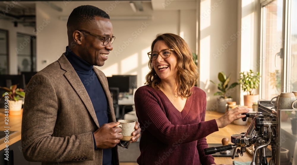 Obraz premium Generative AI, Two colleagues laughing over coffee in the office kitchen