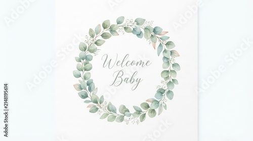 Watercolor eucalyptus wreath with welcome baby text isolated on white background