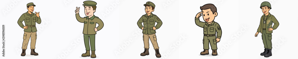 Obraz premium Set of vector illustrations of a soldier sticking out their tongue mockingly.