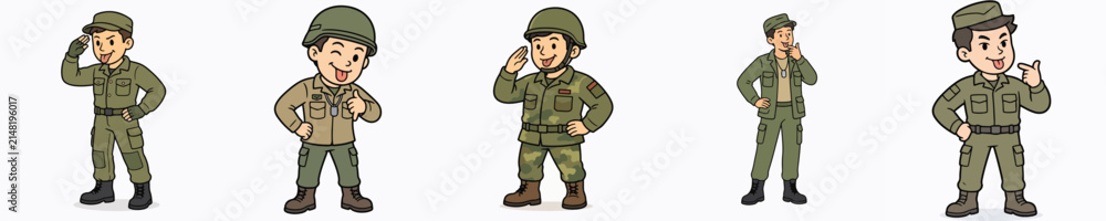 Obraz premium Set of vector illustrations of a soldier sticking out their tongue mockingly.