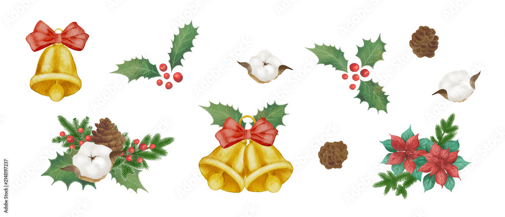 Obraz premium Watercolor Christmas Decorative Elements Set with Bells, Holly, Cotton Flowers and Pinecones300dpi