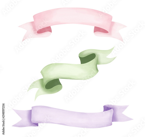 Hand drawn watercolor ribbon banner collection in soft pastel colors isolated on transparent background. Decorative design elements for invitations, branding, labels, and greeting cards.