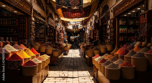 Vibrant Spice Market Alley with Colorful Piles of Spices and Textiles