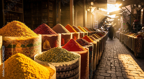 Vibrant Spice Market in Marrakech, Morocco: Colorful Powders in Traditional Souk