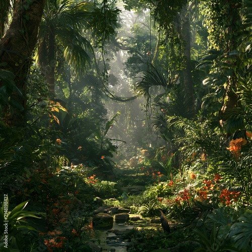 Lush green topical jungle with dense foliage and vibrant nature landscape 