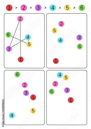 Preschool math logic puzzle sheet with numbered colorful circles