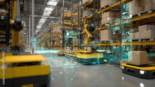 Digital data visualization overlay on robotic arm in warehouse