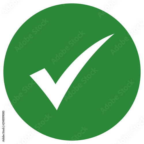 Green check mark icon in circle isolated on white background, vector checkmark symbol for approve, accept, pass, choice, success