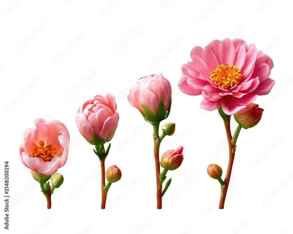 Obraz premium Stages of Blooming Pink Flower: A sequence of pink flowers, from bud to full bloom, showcasing the delicate process of nature's unfolding beauty.