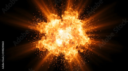 A bright fiery explosion with intense orange flames and glowing sparks radiating outward against a deep black background creating a powerful cinematic visual effect