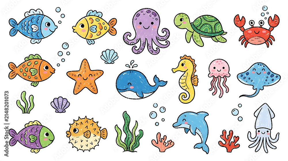 Obraz premium Colorful cartoon fish swimming in a playful underwater scene with bubbles and seaweed