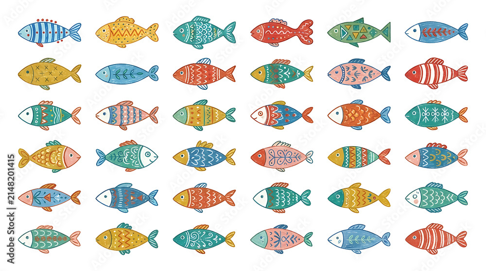 Obraz premium Colorful fish swimming in a playful pattern with geometric shapes