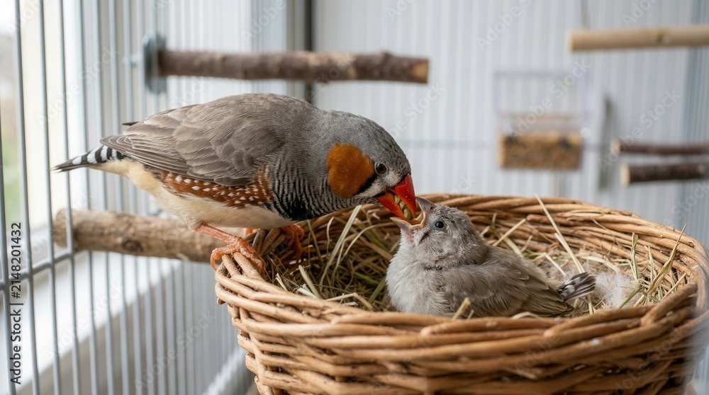 Naklejka premium Zebra finch parent feeding its baby bird inside a wire cage with a wicker nest.