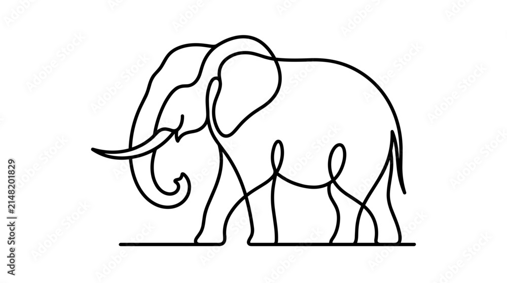 Fototapeta premium Minimalist continuous line art portrait of an elephant with large tusks and curled trunk