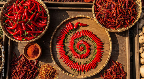 Vibrant Spiral of Red Chilies at a Traditional Market