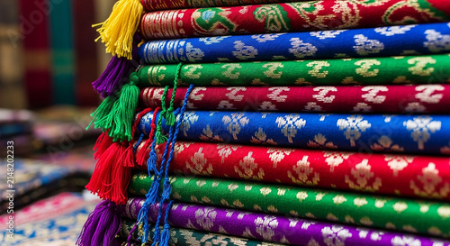 Vibrant Stack of Colorful Woven Fabrics with Tassels in a Market