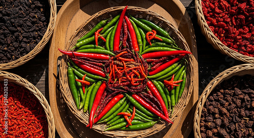Vibrant Star Pattern of Fresh Red and Green Chili Peppers in Traditional Market Basket