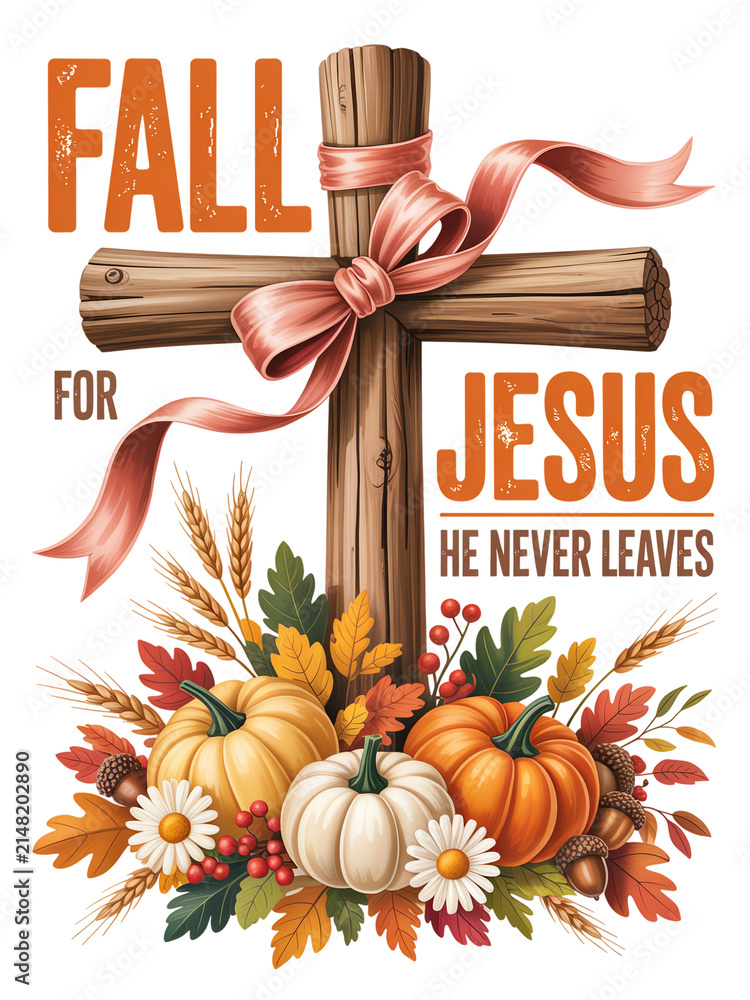 Obraz premium A decorative wooden cross adorned with a pink ribbon. The phrase 'Fall for Jesus, He Never Leaves' is prominently displayed in bold letters.
