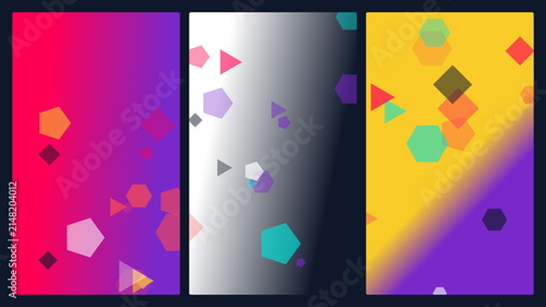 Set of Three Vibrant Vertical Backgrounds Featuring Abstract Geometric Shapes and Soft Gradient Transitions for Modern Digital Design