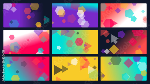 Abstract vibrant colorful geometric background set featuring gradient bokeh polygon shapes for banner design