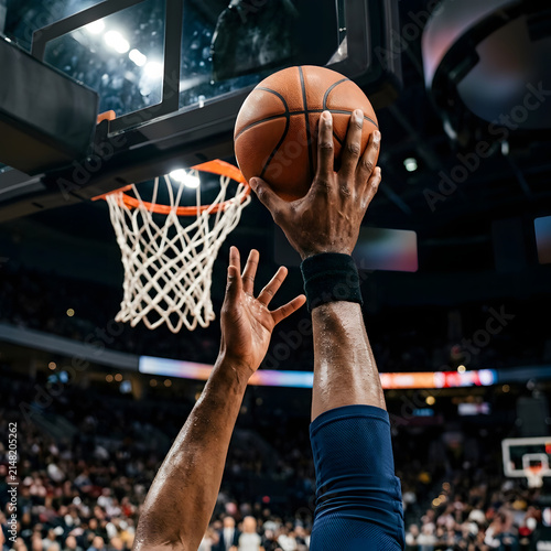 A basketball player's hands reaching for a dunk during a game in a crowded arena.