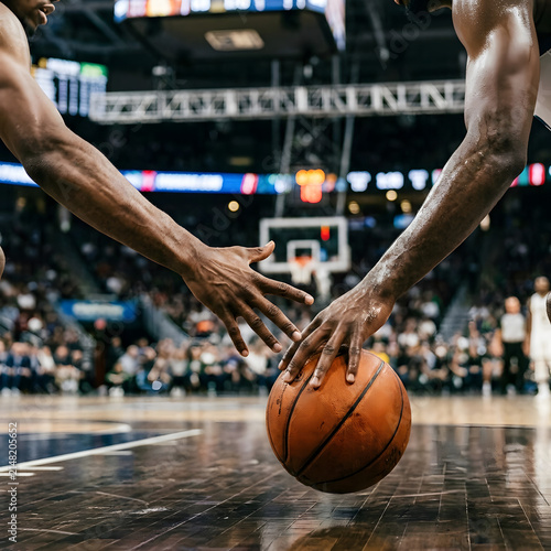 Two basketball players' hands reaching for a basketball on a polished wooden court during a game.