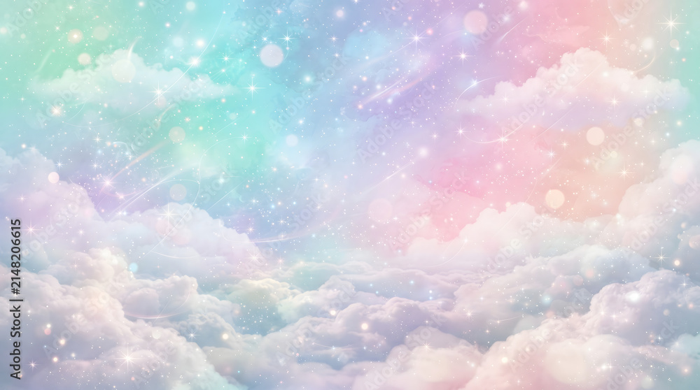 Fototapeta premium Dreamy Pastel Sky with Soft Clouds and Sparkling Stars Fantasy Background