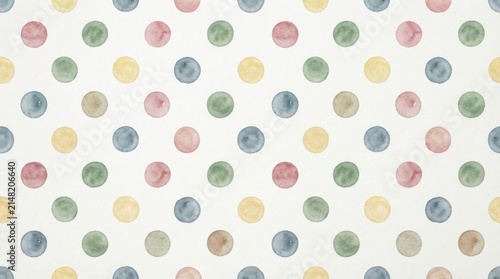Watercolor polka dot pattern with colorful circles on white background