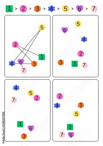 Preschool math sequence worksheet with colorful geometry shapes 1-7