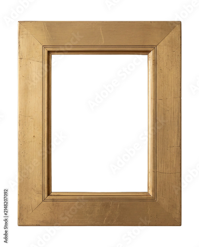 Vintage gold picture frame, wide antique gilded rectangular frame isolated, classical simple wooden border, museum photo copy space framework.
