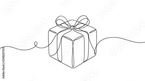 Single continuous line of a wrapped gift box with a decorative bow, minimalist black outline on a white background, festive