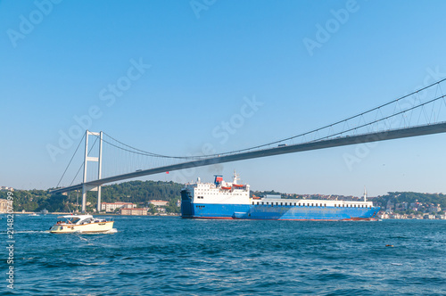 Ships passing under the Bosphorus Bridge in Istanbul, Türkiye.