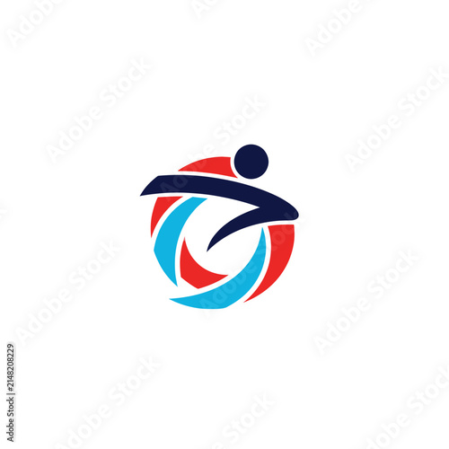 Abstract circular emblem features a stylized human figure in motion rendered with red and blue bold curves.
