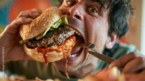Man with oversized burger and fast food spread, gluttony and excess concept.
