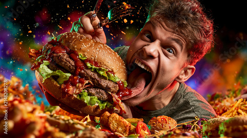Man with oversized burger and fast food spread, gluttony and excess concept.