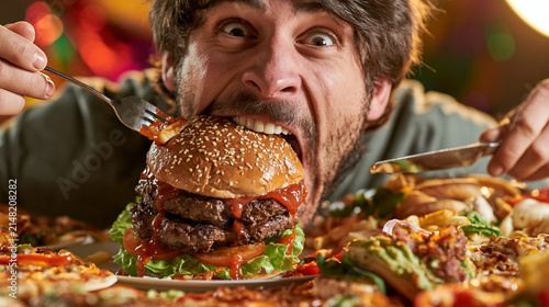 Man with oversized burger and fast food spread, gluttony and excess concept.