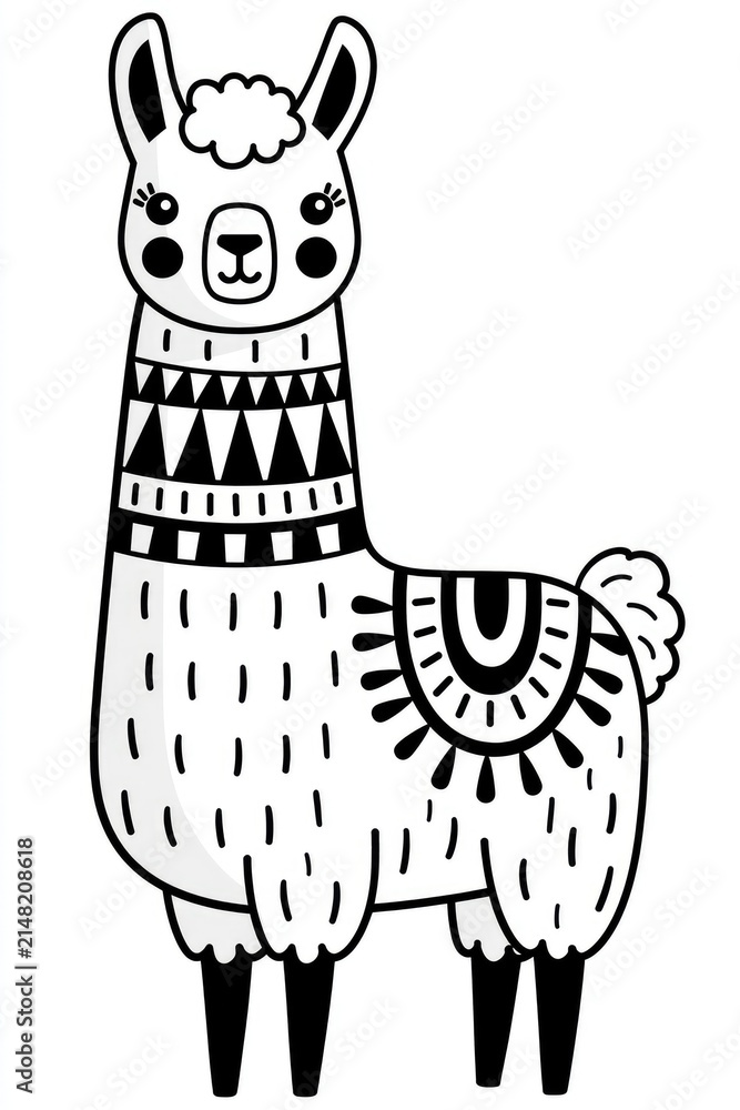 Fototapeta premium cute lama outline black and white line art illustration for coloring page