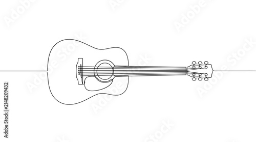 Cuadro en lienzo Continuous line of an acoustic guitar, musical instrument outline on a white bac