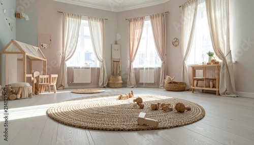 Modern nursery room with toys and furniture.