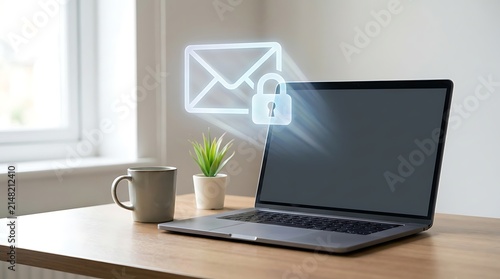 Laptop displaying email security notification with digital envelope icon. Modern workspace illustrating cyber protection and online privacy for rem...