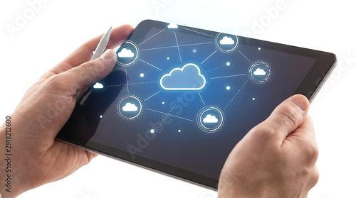 Hands holding tablet with cloud upload interface. Digital data transfer and cloud computing on touchscreen device.