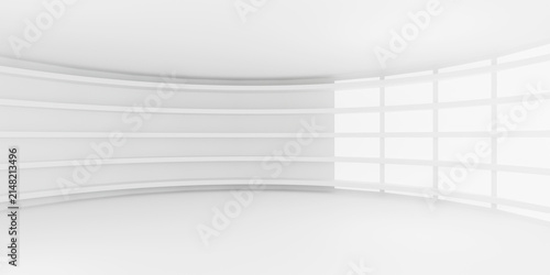 Modern white curved architectural hall featuring minimalist horizontal line wall design, spacious interior, and bright panoramic glass window for product display background.
