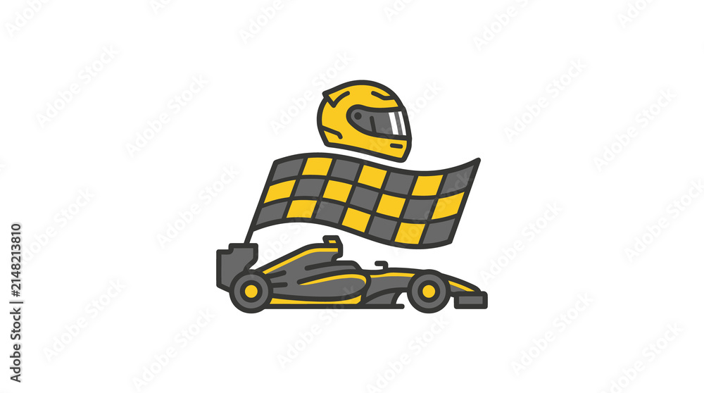 Naklejka premium An illustration featuring a sleek Formula 1 race car, a checkered flag, and a racing helmet, symbolizing speed, competition, and victory in motorsport.