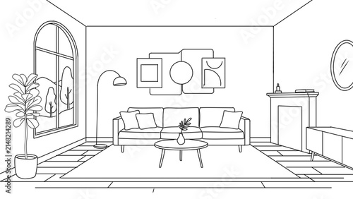 Modern Living Room with Fireplace line art illustration