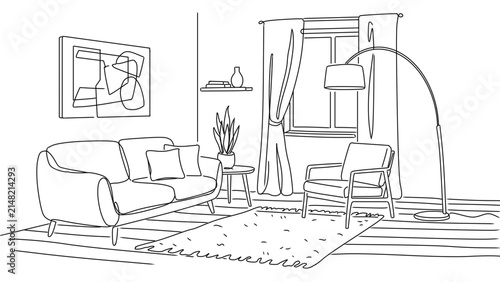 Living Room with Armchair line art illustration