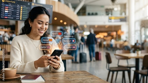 Traveler checks her flight schedule on a smartphone while sitting at a bustling airport terminal before her departure time.