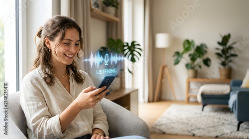Woman sits in a bright living room holding a smartphone with an active augmented reality voice listening hologram display.