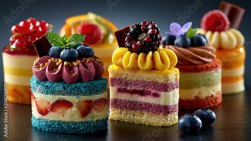 A variety of colorful layered cakes adorned with fresh berries and mint.