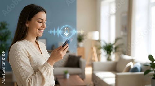 Young woman holds a smartphone in her home while interacting with a glowing digital voice recording visualization icon.
