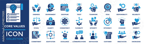Core values icon set. Containing kindness, teamwork, integrity, innovation, responsibility, honesty, trust, ethics, motivation and more. Solid vector icons collection.